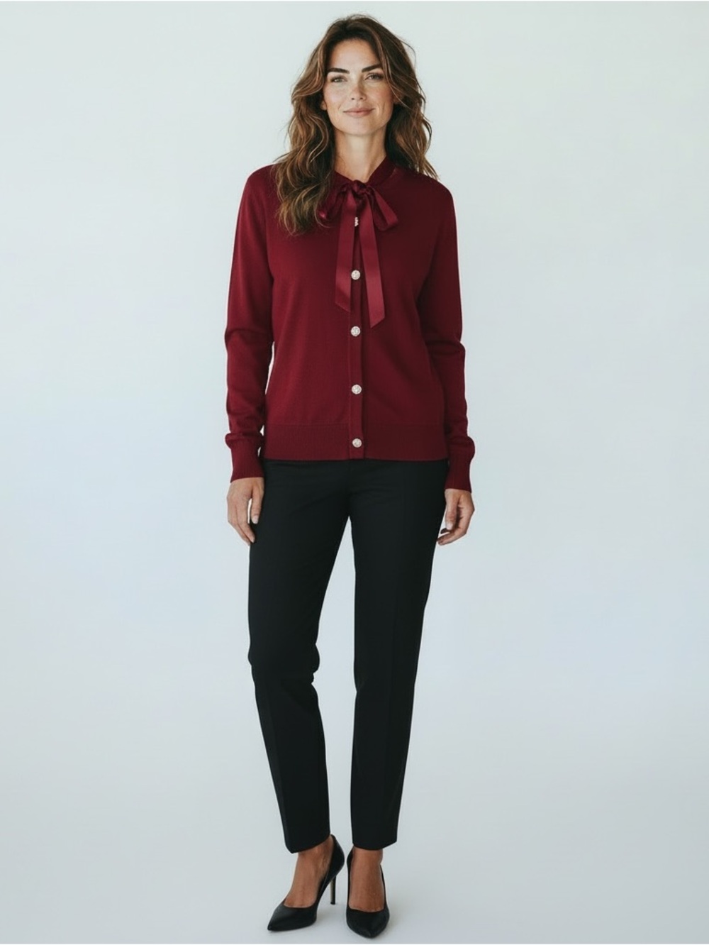 Cable & Gauge Burgundy Bow Tie Button Front Cardigan Size Large